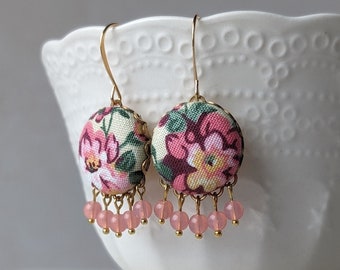 Pink Whimsical Earrings With Vintage Fabric And Beads, Garden Jewelry, Yellow And Pink Earrings, Floral Boho Cottagecore Chandelier Style