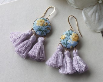 Pastel Earrings, Yellow Roses On Sky Blue Fabric With Lavender Tassels, Whimsical Soft Floral Cottagecore Garden Jewelry