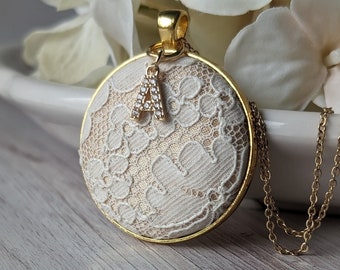 Vintage Lace Necklace With Crystal Initial Charm, Personalized Gift For Her, Gold Pendant White Lace, Elegant 13th Anniversary Gift For Wife