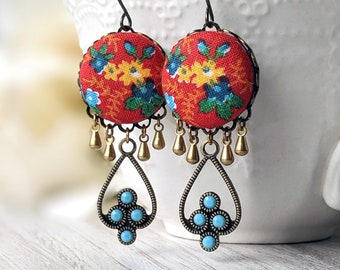 Red And Turquoise Earrings, Rhinestone Boho Southwest Jewelry, Bohemian Vintage Yellow Floral Print Rodeo Cowgirl Country Western Earrings