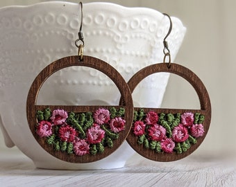 English Rose Garden Earrings, Vintage Berry Pink And Green Floral Earrings, Wood Hoops Make A Flower Basket, Cottagecore Jewelry Gift