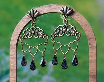 Spring Raindrop Earrings, Gift For Wife, Girlfriend, Heart Earrings, Navy Blue Crystal Boho Earrings, Victorian Jewelry
