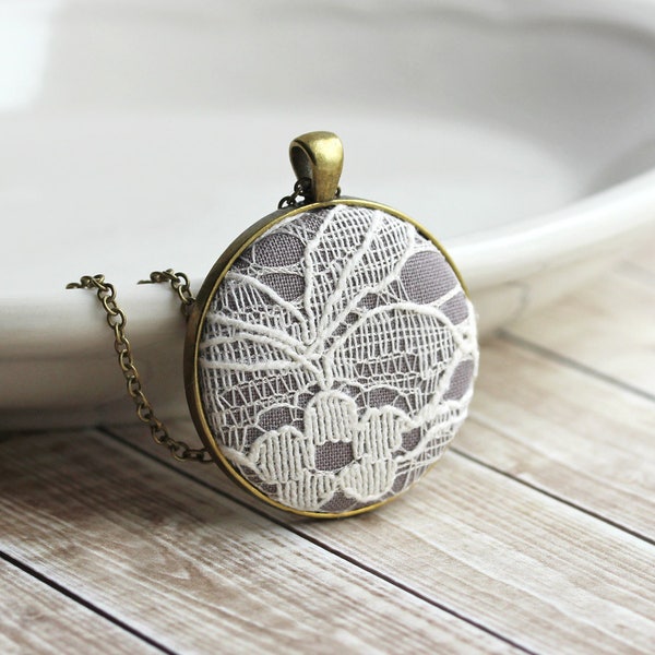 Ivory Lace Pendant, Fabric, Gift for Women, Unique Bridesmaid Necklace, Gray Wedding Jewelry