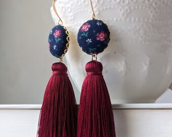 Vintage Floral Fabric Earrings With Long Tassels, 1950s Mid Century Style, Retro Rockabilly Jewelry, Flower Earrings, Navy Blue And Burgundy