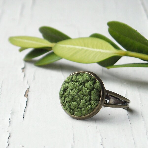 15% off sale - Woodland Moss Ring - Spring Fashion Jewelry, Garden Green Embroidery in Brass, Adjustable