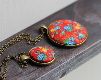 Colorful Boho Jewelry, Floral Fabric Necklace, Retro Hippie, Primary Colors, Blue Yellow Red Pendant