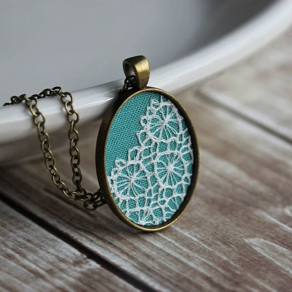 Pastel Mint Green Necklace, Fabric Lace Oval Cotton Pendant, Unique Anniversary Gift