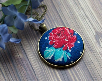 Large Red Rose Necklace, Boho Floral Fabric Jewelry For Women, Cobalt Blue, Red, And Teal Pendant With White Polka Dots