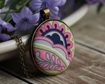 Cute Eclectic Jewelry, Colorful Boho Floral Fabric Pendant