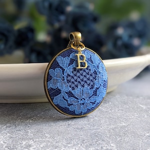 Initial Necklace, Vintage Blue Flower Lace, Anniversary Gift Wife, Personalized Gift For Her, Mom, Unique Pendant Jewelry, Classic Wedding image 1