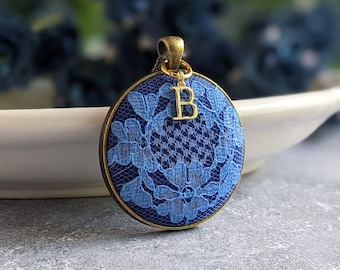 Initial Necklace, Vintage Blue Flower Lace, Anniversary Gift Wife, Personalized Gift For Her, Mom, Unique Pendant Jewelry, Classic Wedding