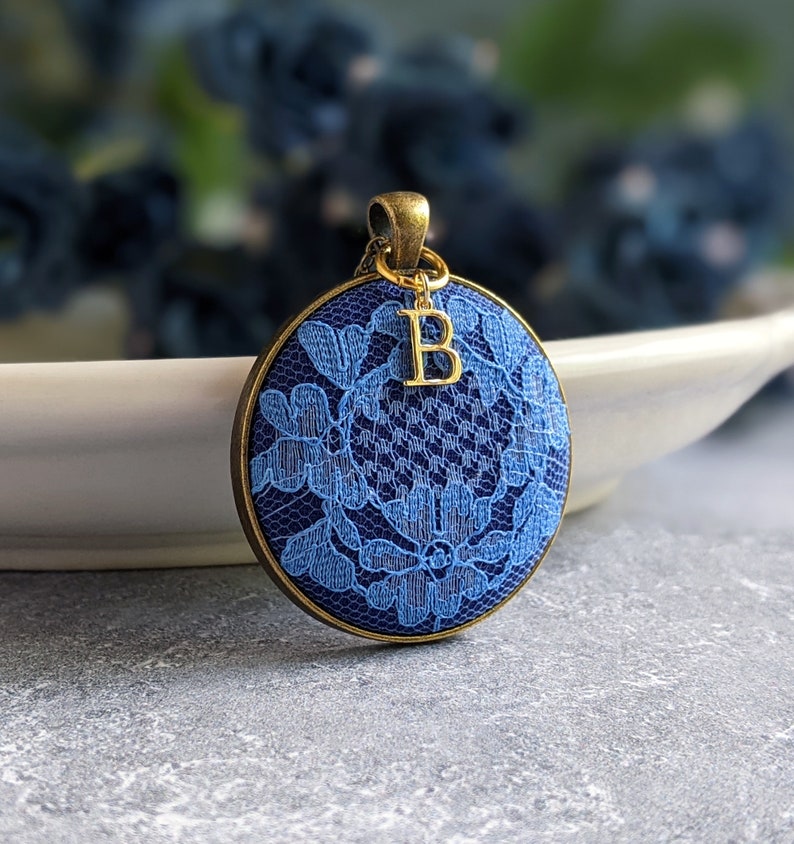 Initial Necklace, Vintage Blue Flower Lace, Anniversary Gift Wife, Personalized Gift For Her, Mom, Unique Pendant Jewelry, Classic Wedding image 1