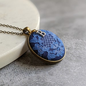 Initial Necklace, Vintage Blue Flower Lace, Anniversary Gift Wife, Personalized Gift For Her, Mom, Unique Pendant Jewelry, Classic Wedding image 6