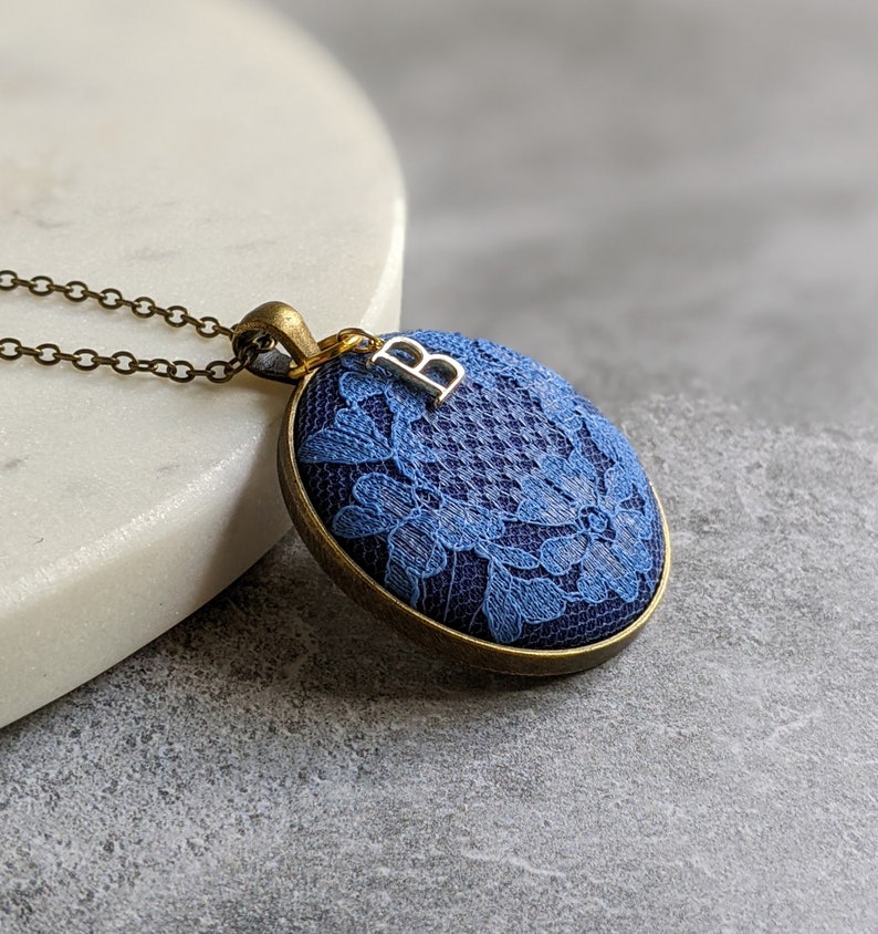 Initial Necklace, Vintage Blue Flower Lace, Anniversary Gift Wife, Personalized Gift For Her, Mom, Unique Pendant Jewelry, Classic Wedding image 6