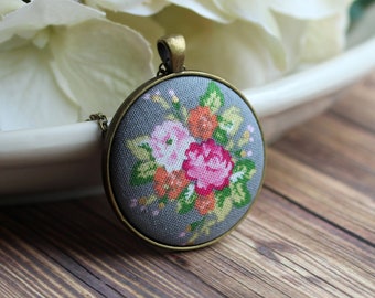 Pink, Coral Orange Floral Fabric Pendant, Cute Gift For Women, Pastel Jewelry