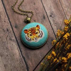 Tiger Necklace, Year Of The Tiger Gift For Animal Lovers, Bengal Tiger Head Pendant, Turquoise And Orange Big Cat Jewelry image 1