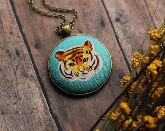 Tiger Necklace, Year Of The Tiger Gift For Animal Lovers, Bengal Tiger Head Pendant, Turquoise And Orange Big Cat Jewelry