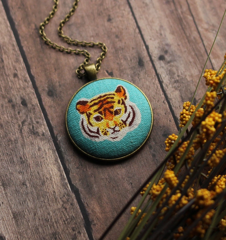 Tiger Necklace, Year Of The Tiger Gift For Animal Lovers, Bengal Tiger Head Pendant, Turquoise And Orange Big Cat Jewelry image 1