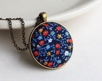 Blue Boho Jewelry, Floral Hippie Necklace, Vintage Fabric Pendant, Red, Blue, Yellow