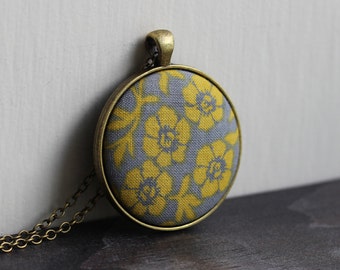Gray And Yellow Necklace, Floral Fabric Pendant, Mustard Boho Jewelry With Flowers
