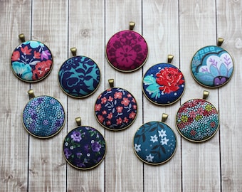 Floral Fabric Pendant, Colorful Hippie Flower Jewelry, Boho Necklace Unique Gift For Her, Navy Blue, Purple, Turquoise, Magenta, Teal, Coral