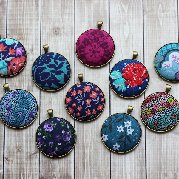 Floral Fabric Pendant, Colorful Hippie Flower Jewelry, Boho Necklace Unique Gift For Her, Navy Blue, Purple, Turquoise, Magenta, Teal, Coral