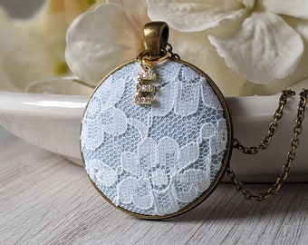 Handmade Necklace, Lace, Anniversary Gift For Wife, 1950s Vintage Lace, Blue Cotton, Pendant, Initial Charm, Personalized Gift For Her, Mom