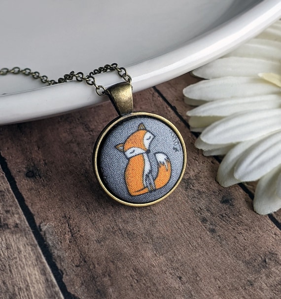 Cute Fox Necklace Small Orange Fox Pendant Gray Sitting Fox
