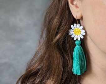 Fun Daisy Flower Earrings, Long Bright Teal Tassels, Boho Groovy Style, Cute Funky Earrings, Quirky Retro Vibes, Whimsical Jewelry For Her