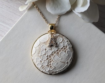 Vintage Lace Necklace With Crystal Initial Charm, Personalized Gift For Her, Gold Pendant White Lace, Elegant 13th Anniversary Gift For Wife