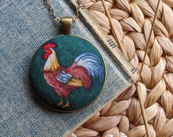 Rainbow Rooster Necklace, Kitschy Farm Animal Jewelry, Rooster Pendant, Farm Gift For Her, Green Brown Blue Yellow