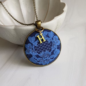 Initial Necklace, Vintage Blue Flower Lace, Anniversary Gift Wife, Personalized Gift For Her, Mom, Unique Pendant Jewelry, Classic Wedding image 5