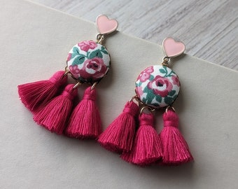 Retro Valentine Earrings, Hot Pink Tassel Heart Earrings, Fun Gift For Her, Vintage Floral Fabric Earrings, Whimsical Boho Cute Jewelry