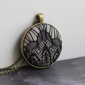 Large Geometric Pendant With Lace, Art Deco Jewelry, Beige and Black Modern Necklace