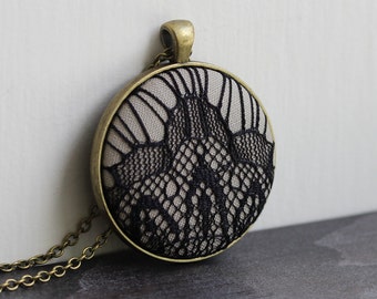 Large Geometric Pendant With Lace, Art Deco Jewelry, Beige and Black Modern Necklace