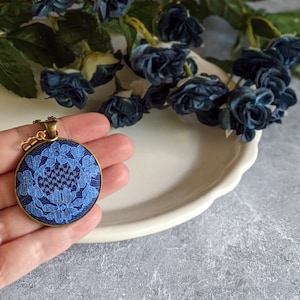 Initial Necklace, Vintage Blue Flower Lace, Anniversary Gift Wife, Personalized Gift For Her, Mom, Unique Pendant Jewelry, Classic Wedding image 4