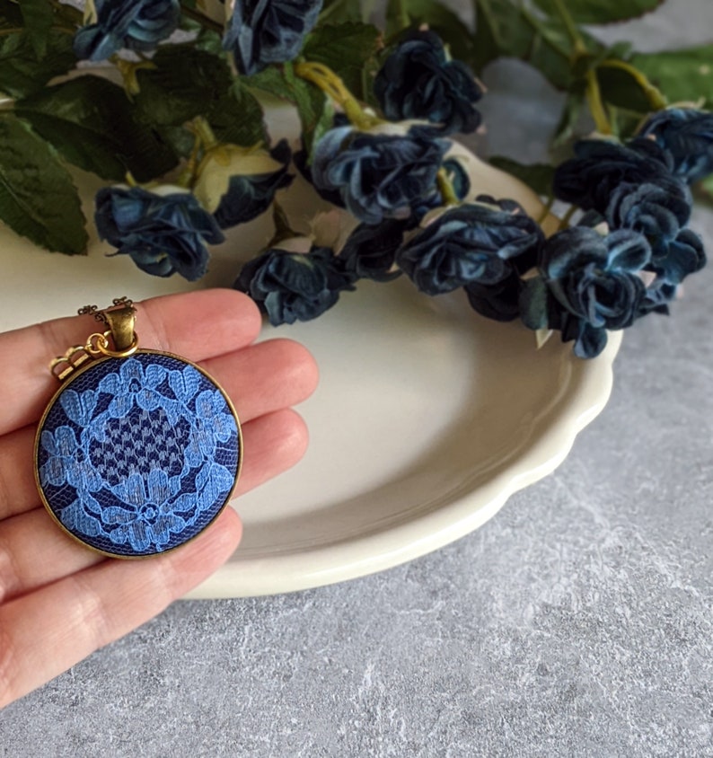 Initial Necklace, Vintage Blue Flower Lace, Anniversary Gift Wife, Personalized Gift For Her, Mom, Unique Pendant Jewelry, Classic Wedding image 4