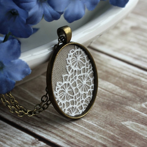 Unique Gift For Women, Handmade Jewelry, Cotton, Anniversary, Oval Lace Pendant