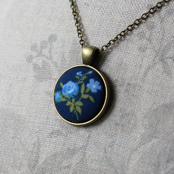 Small Navy Blue Pendant, Floral Fabric Cute Necklace, Hippie, Retro