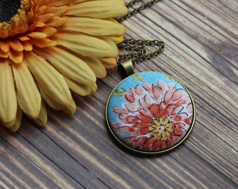 Pastel Necklace With Floral Fabric, Hippie Jewelry, Large Pendant