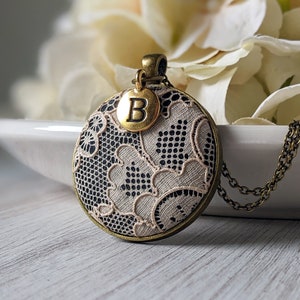 Vintage Lace Necklace, Personalized Initial Pendant Jewelry, 13th Lace Anniversary Gift For Wife, Cotton Anniversary, 2nd Year Wedding Gift image 1