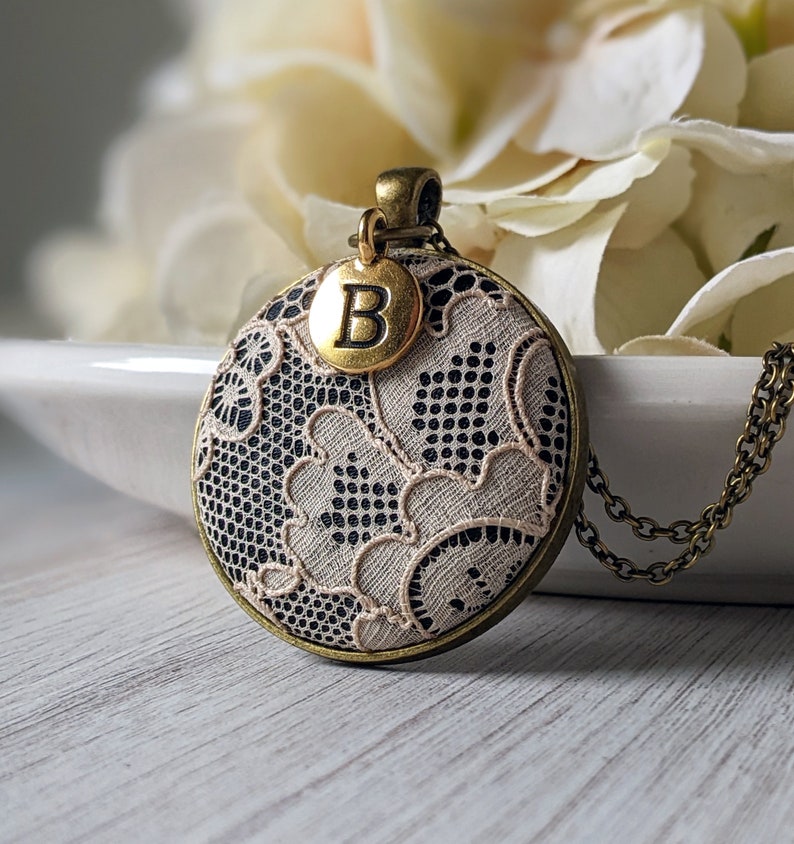 Vintage Lace Necklace, Personalized Initial Pendant Jewelry, 13th Lace Anniversary Gift For Wife, Cotton Anniversary, 2nd Year Wedding Gift image 1