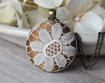 Vintage Flower Lace Pendant, Anniversary Gift Jewelry, Natural Warm Earthy Tones, Rustic Boho Chic Necklace For Her, Women