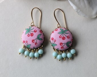 Cute Cherry Earrings, Fruit Jewelry, Red Pink And Green Earrings, Floral Boho Kawaii Style, Bright Fun Earrings With Vintage Materials