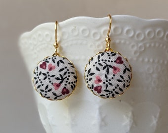 Floral Heart Earrings - Burgundy, Pink, Black, Cream - Quirky Fun Earrings, Floral Fabric Cute Dangles, Whimsical Jewelry For Her