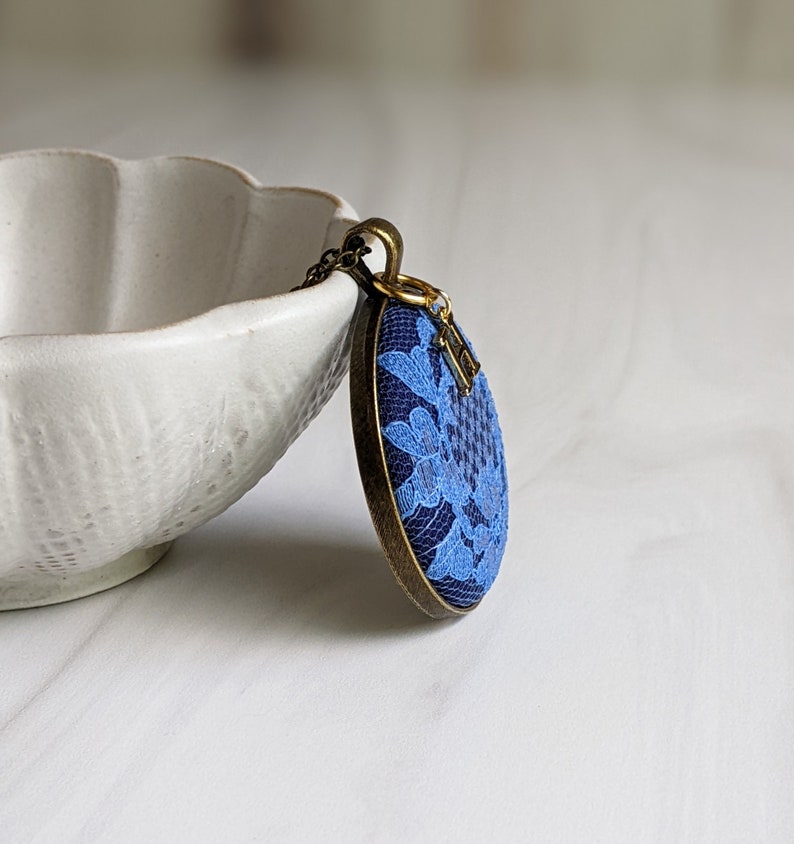 Initial Necklace, Vintage Blue Flower Lace, Anniversary Gift Wife, Personalized Gift For Her, Mom, Unique Pendant Jewelry, Classic Wedding image 10