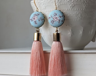 Aqua Blue And Peach Coral Earrings Handmade With Vintage Floral Fabric, Long Tassels, Fun Pastel Spring Summer Boho Flower Jewelry For Women