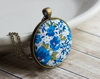 Blue Floral Fabric Pendant, Boho Jewelry For Women