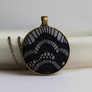 Art Deco Necklace, Black Lace Goth Jewelry, Gray Geometric Large Round Pendant image 1