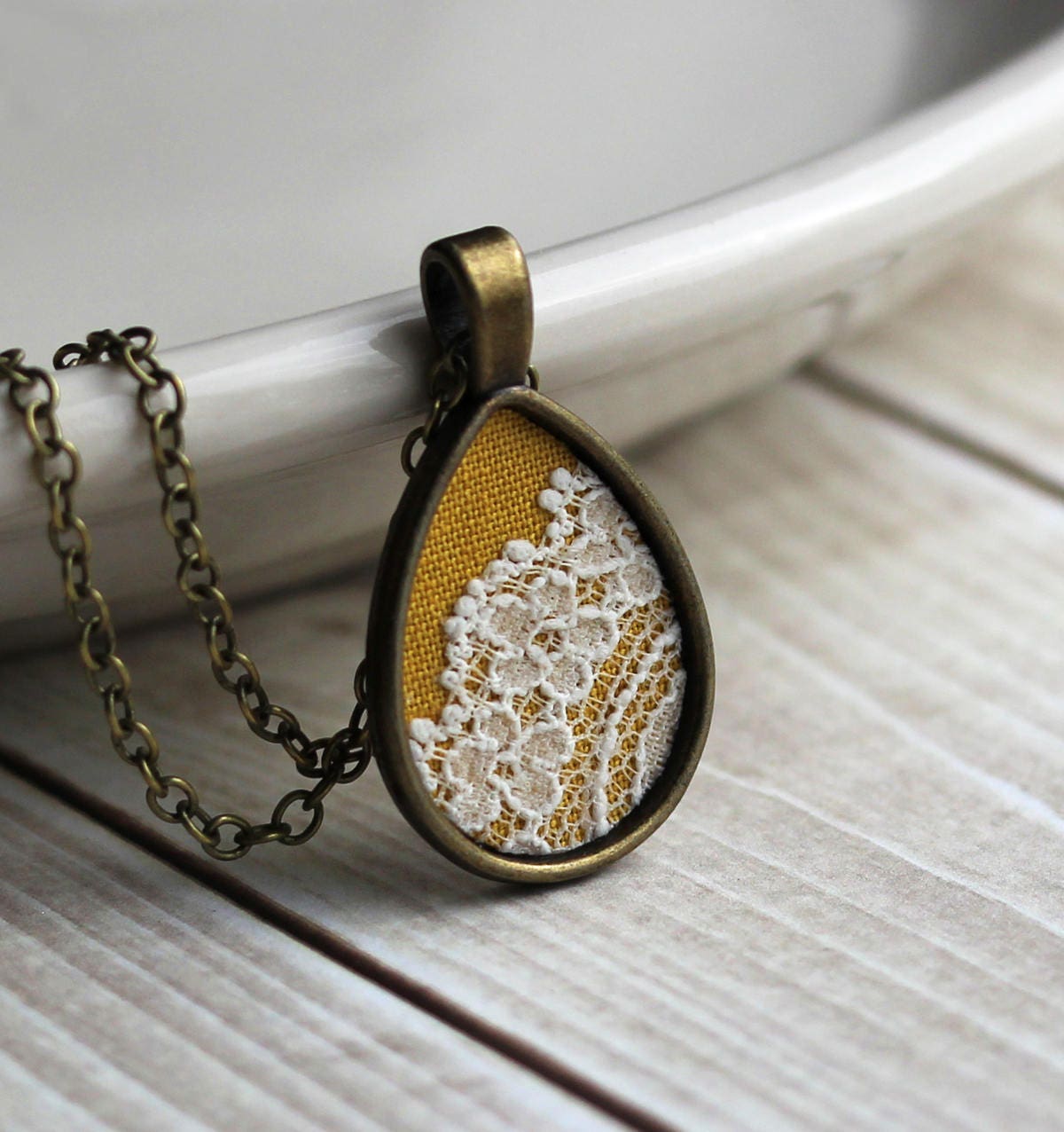Mustard Yellow Pendant Teardrop Lace Necklace Small Floral Etsy